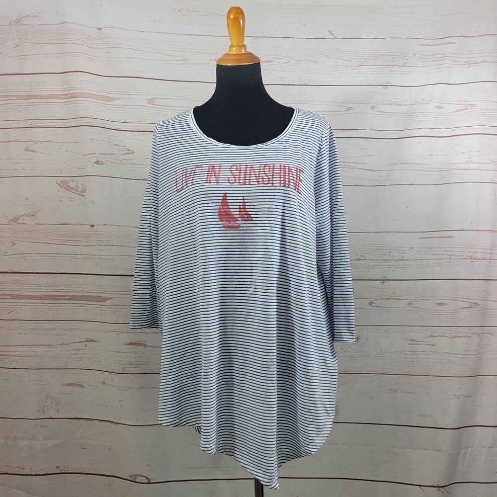NYDJ Women's Live In Sunshine Asymmetrical Blue & White Stripe Top Size XL